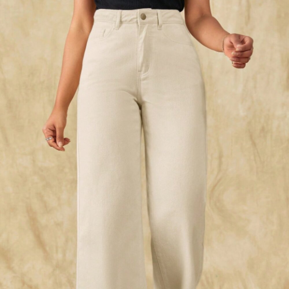 Wide-Leg Mom Fit Jeans | Loose Fit 100% Cotton Denim | Tan